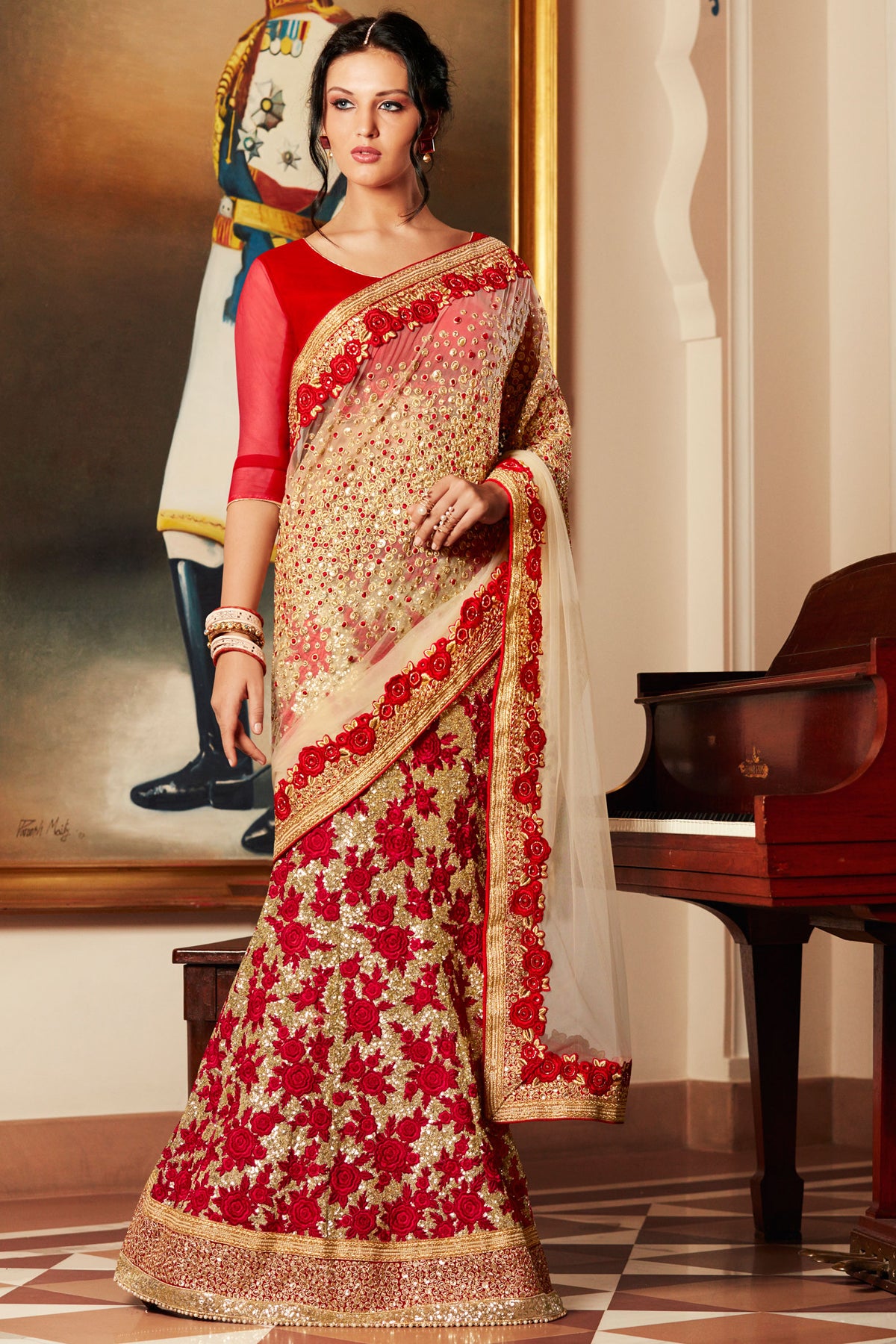 Buy Cream Beige Net Lehenga Saree Online - SARV05557 | Andaaz Fashion